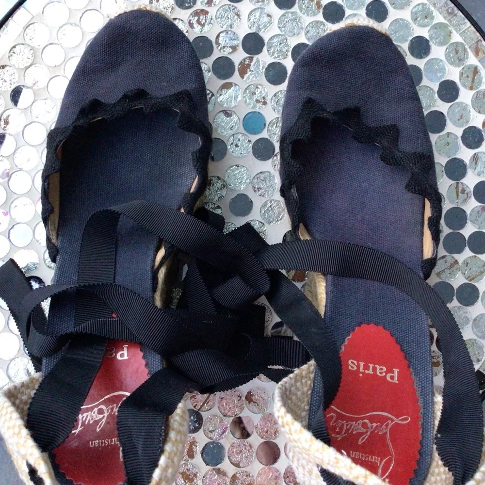 Christian Louboutin Black and Navy Espadrille Wedge Ankle Wrap Ribbon Sandals